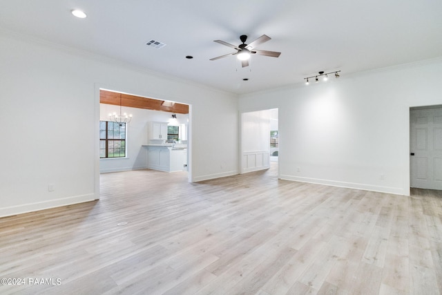 unfurnished living room featuring light wood-type flooring, ceiling fan with notable chandelier, rail lighting, and ornamental molding