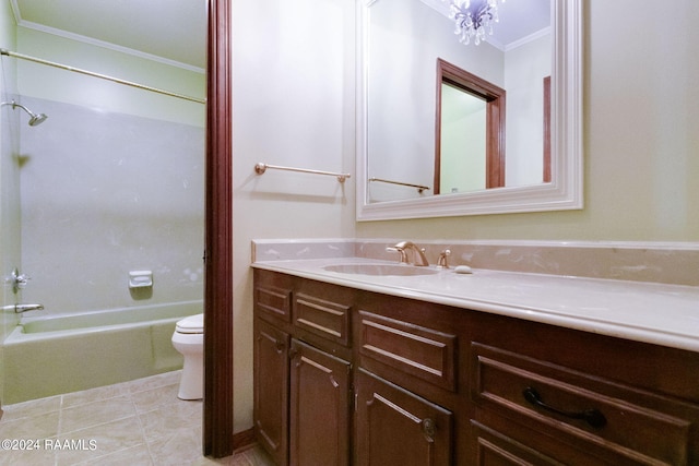 full bathroom featuring crown molding,  shower combination, tile floors, toilet, and vanity