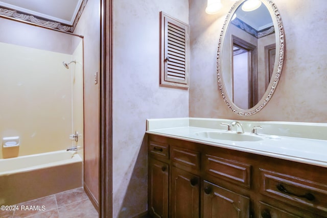 bathroom featuring shower / bath combination, tile flooring, and oversized vanity