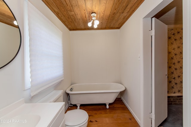 bathroom featuring vanity, wooden ceiling, a bathing tub, toilet, and wood-type flooring