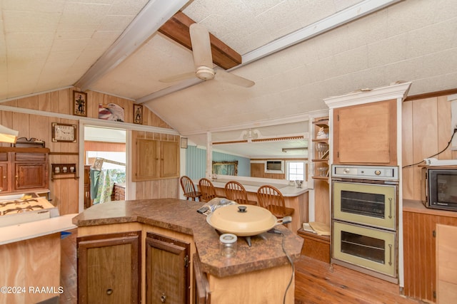 kitchen with lofted ceiling, a wealth of natural light, and wooden walls