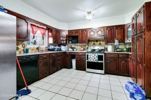 kitchen featuring range hood, black appliances, sink, tasteful backsplash, and light tile floors