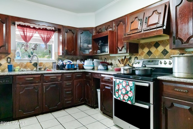 kitchen featuring sink, electric stove, tasteful backsplash, and black dishwasher