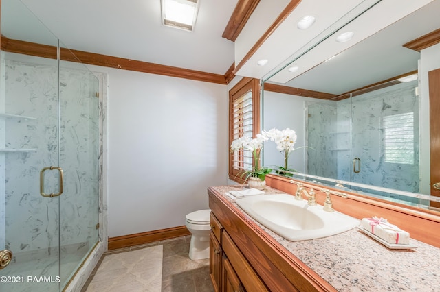 bathroom featuring crown molding, tile flooring, an enclosed shower, vanity, and toilet