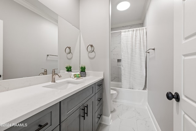 full bathroom featuring toilet, vanity, shower / tub combo with curtain, and ornamental molding