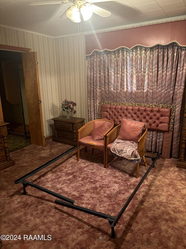 living area featuring ceiling fan, carpet floors, and ornamental molding