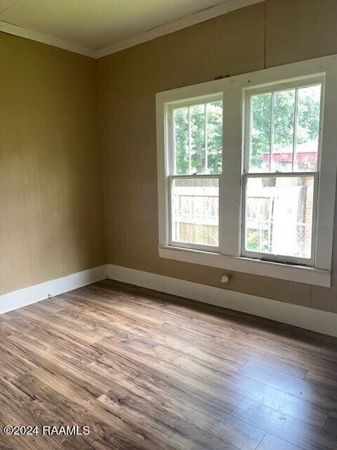 empty room featuring ornamental molding and light hardwood / wood-style flooring