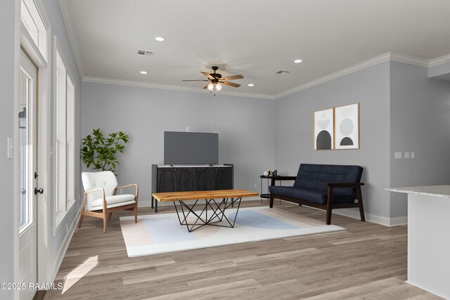 210 E D St, Rayne, LA 70578 - living area with light wood-style floors, ceiling fan, baseboards, visible vents, and recessed lighting