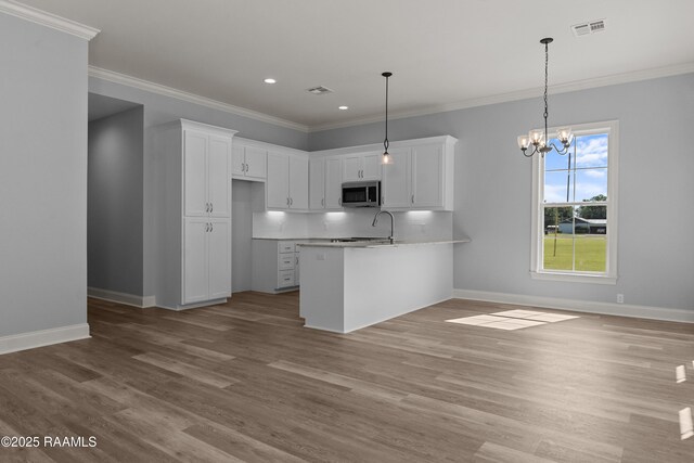 210 E D St, Rayne, LA 70578 - kitchen featuring stainless steel microwave, a peninsula, visible vents, and baseboards