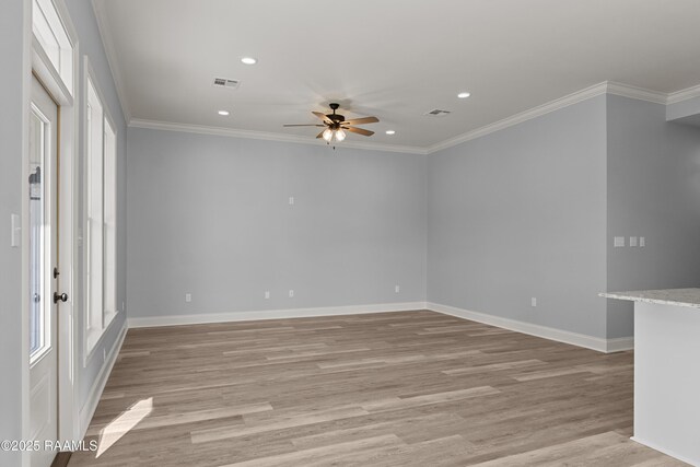 210 E D St, Rayne, LA 70578 - empty room featuring ceiling fan, light wood-style flooring, baseboards, visible vents, and recessed lighting