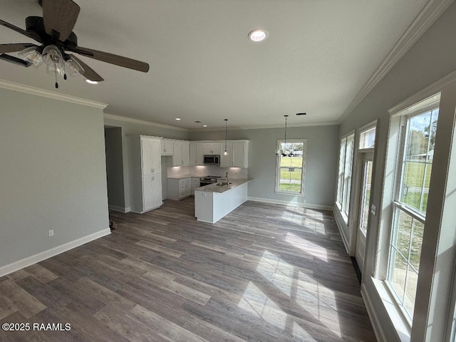 kitchen featuring baseboards, white cabinets, dark wood-style floors, stainless steel microwave, and open floor plan