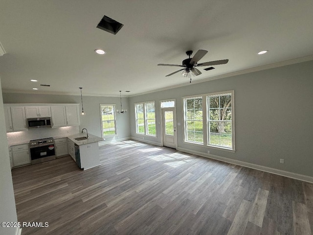 kitchen featuring appliances with stainless steel finishes, open floor plan, dark wood-type flooring, a peninsula, and a sink