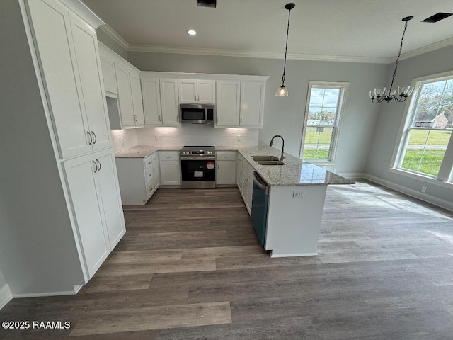 kitchen featuring stainless steel appliances, white cabinetry, a sink, and a peninsula