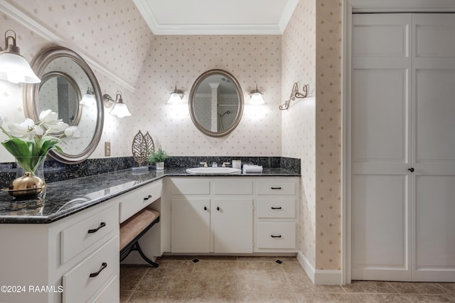 120 Kimball Dr, Lafayette, LA 70508 - bathroom featuring wallpapered walls, crown molding, tile patterned floors, vanity, and baseboards