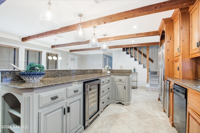 kitchen with black dishwasher, wine cooler, beamed ceiling, dark stone counters, and decorative light fixtures