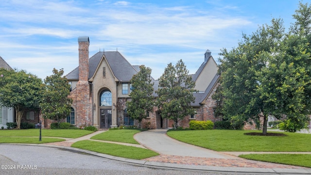 tudor-style house featuring a front lawn