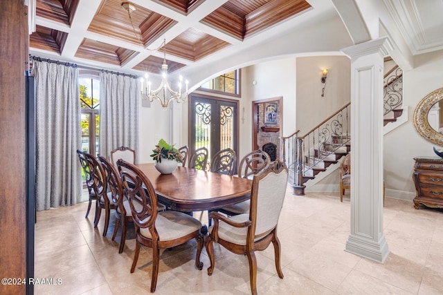 tiled dining area featuring beam ceiling, ornamental molding, and coffered ceiling