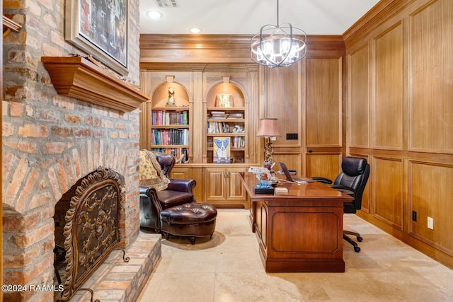 tiled home office with built in shelves, wood walls, ornamental molding, and an inviting chandelier