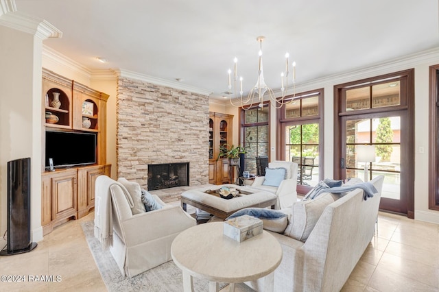 living room with a fireplace, a chandelier, and crown molding