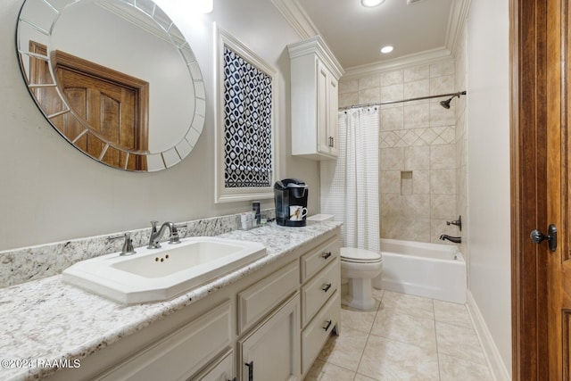 full bathroom featuring tile patterned floors, toilet, vanity, shower / tub combo, and ornamental molding