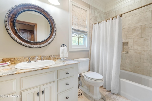 full bathroom with shower / bathtub combination with curtain, vanity, toilet, and ornamental molding