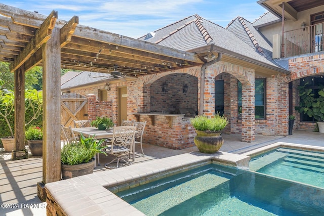 view of swimming pool featuring a patio, ceiling fan, and a grill