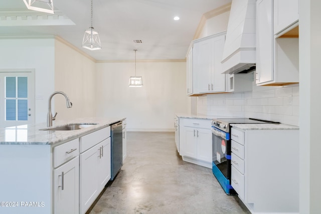 kitchen with decorative light fixtures, white cabinetry, sink, and appliances with stainless steel finishes