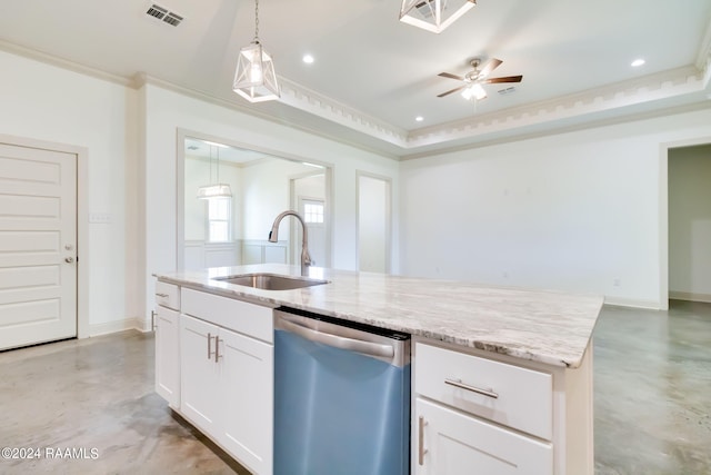 kitchen with dishwasher, sink, crown molding, an island with sink, and white cabinetry