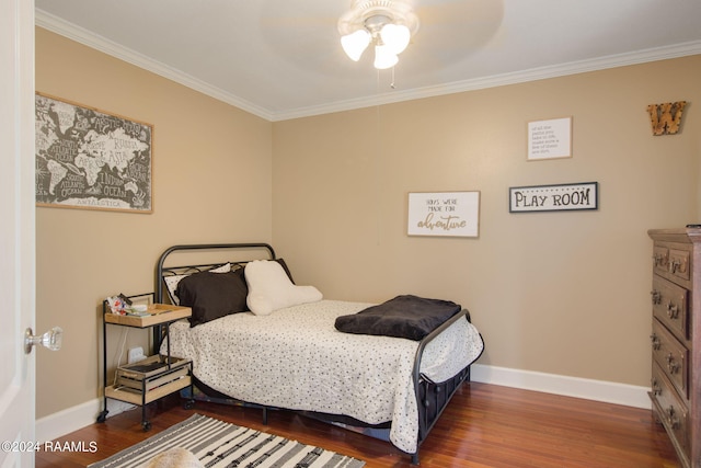 bedroom featuring ceiling fan, hardwood / wood-style flooring, and crown molding