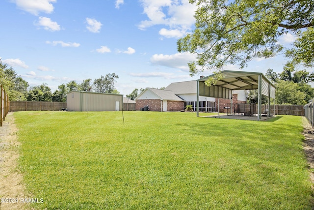 view of yard featuring a patio and a storage shed