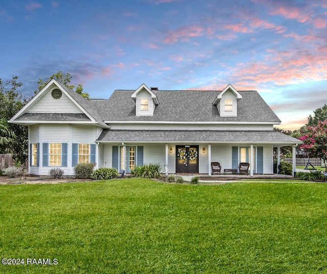 view of front of home with a porch and a yard