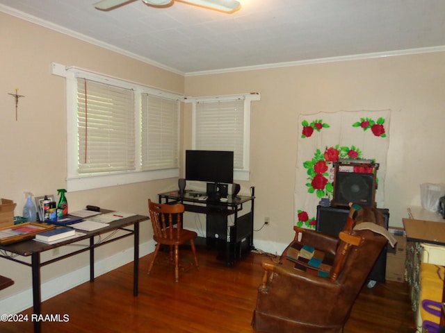 office space with ornamental molding and hardwood / wood-style floors