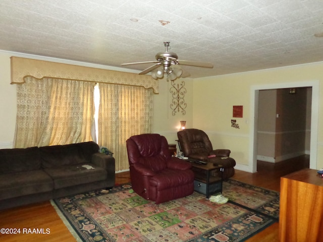 living room with hardwood / wood-style floors and ceiling fan