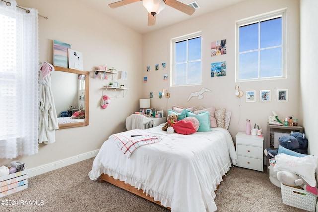 bedroom featuring carpet flooring and ceiling fan