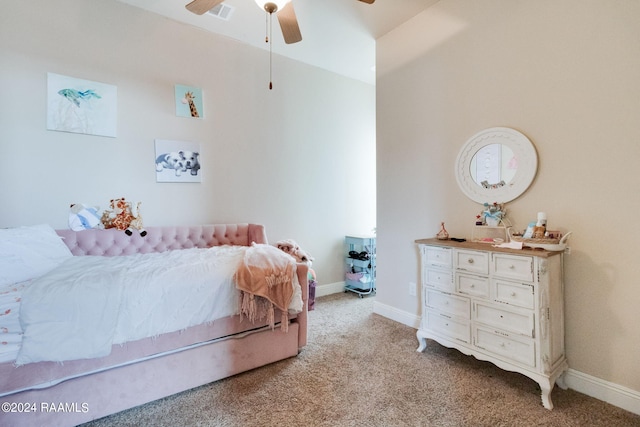 bedroom with light carpet and ceiling fan