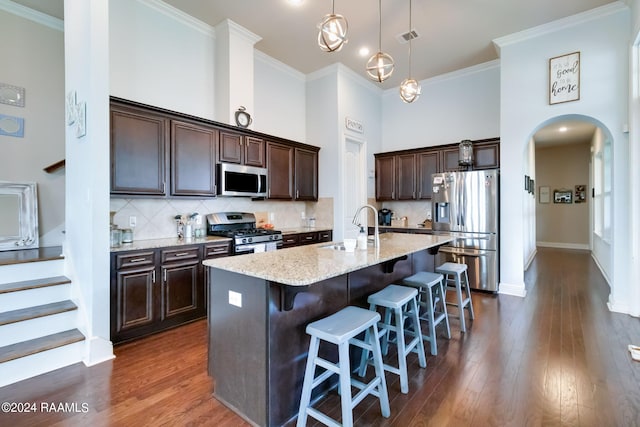 kitchen with sink, stainless steel appliances, a high ceiling, dark hardwood / wood-style flooring, and an island with sink