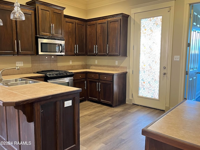 kitchen featuring sink, hanging light fixtures, ornamental molding, appliances with stainless steel finishes, and light hardwood / wood-style floors