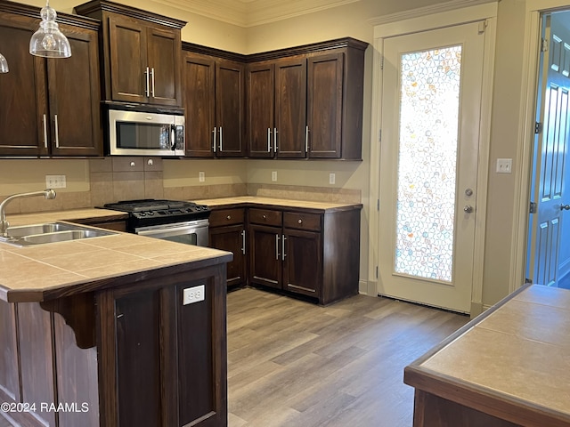 117 Seaside Ln, Lafayette, LA 70506 - kitchen featuring stainless steel appliances, a sink, dark brown cabinetry, a breakfast bar area, and ornamental molding