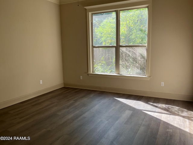 spare room featuring crown molding, dark wood-type flooring, and a healthy amount of sunlight