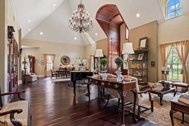 dining room with crown molding, dark hardwood / wood-style flooring, high vaulted ceiling, and an inviting chandelier