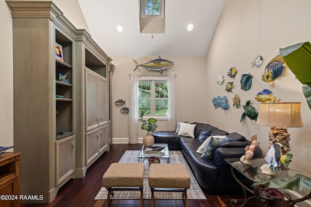 living room with dark hardwood / wood-style flooring and lofted ceiling