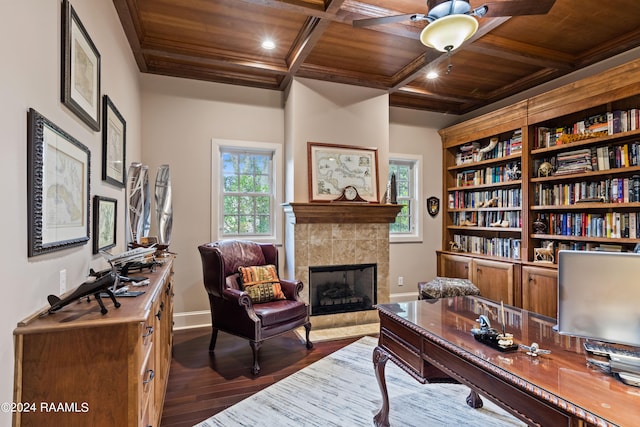 office with a tile fireplace, dark hardwood / wood-style flooring, coffered ceiling, and wood ceiling