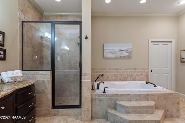 bathroom featuring vanity, crown molding, and plus walk in shower