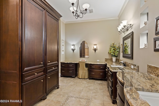 bathroom featuring a notable chandelier, vanity, crown molding, and tile patterned flooring