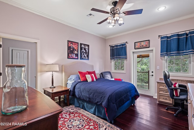 bedroom with access to exterior, dark hardwood / wood-style flooring, ceiling fan, and crown molding