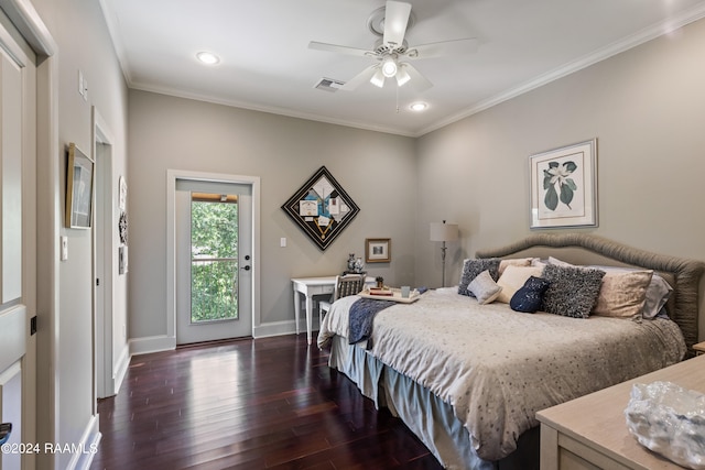 bedroom featuring ceiling fan, dark hardwood / wood-style flooring, crown molding, and access to outside