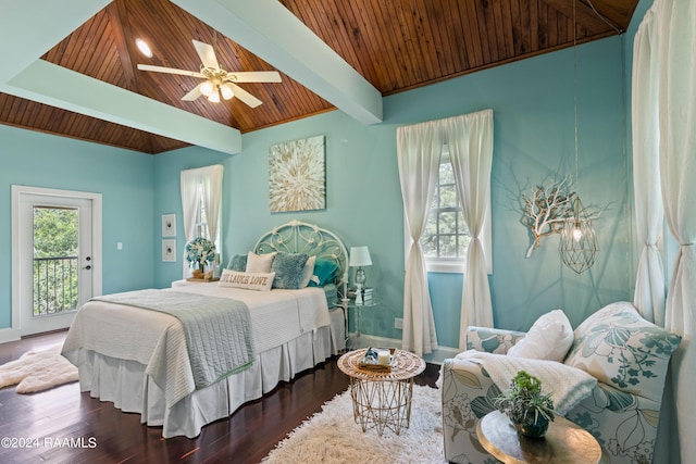 bedroom featuring access to outside, lofted ceiling with beams, ceiling fan, dark hardwood / wood-style flooring, and wood ceiling