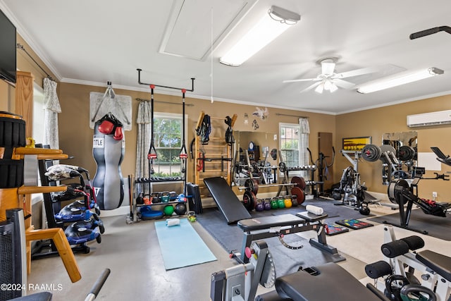 gym with ceiling fan, ornamental molding, and an AC wall unit