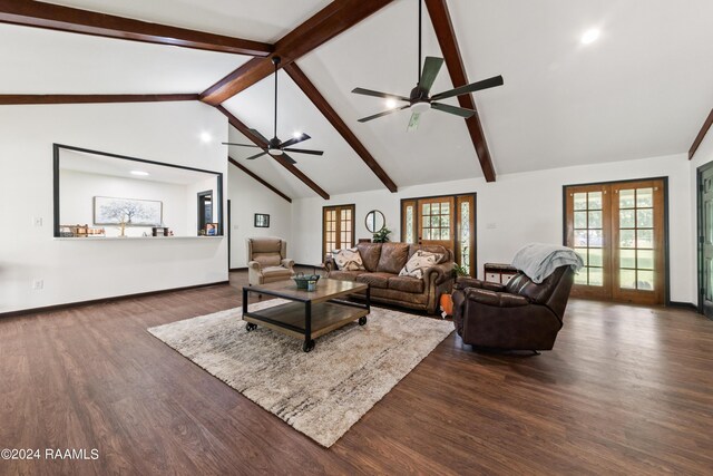 living room with french doors, dark hardwood / wood-style floors, and a wealth of natural light