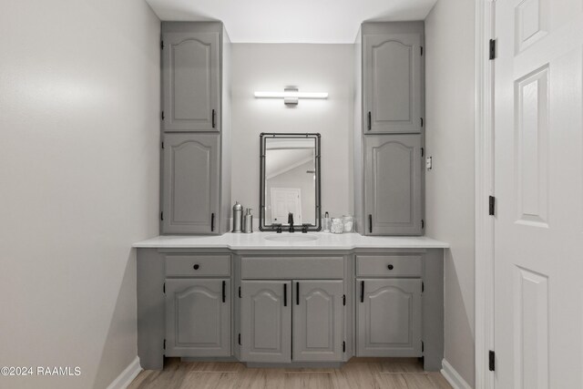 bathroom with hardwood / wood-style floors and vanity